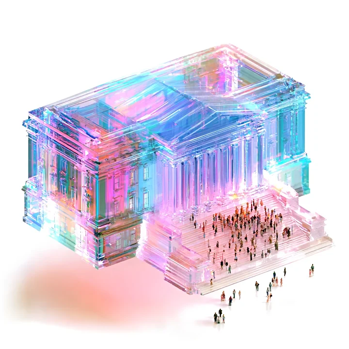 A glass city hall with a crowd of residents on its steps.