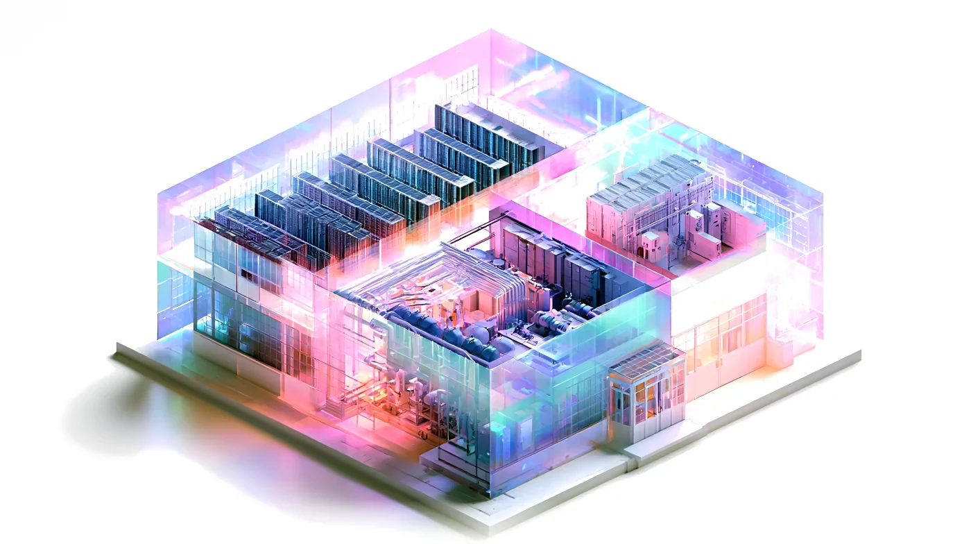 A cutaway of a refitted industrial building, showing open bays, a power room, utility loop and loading entry.