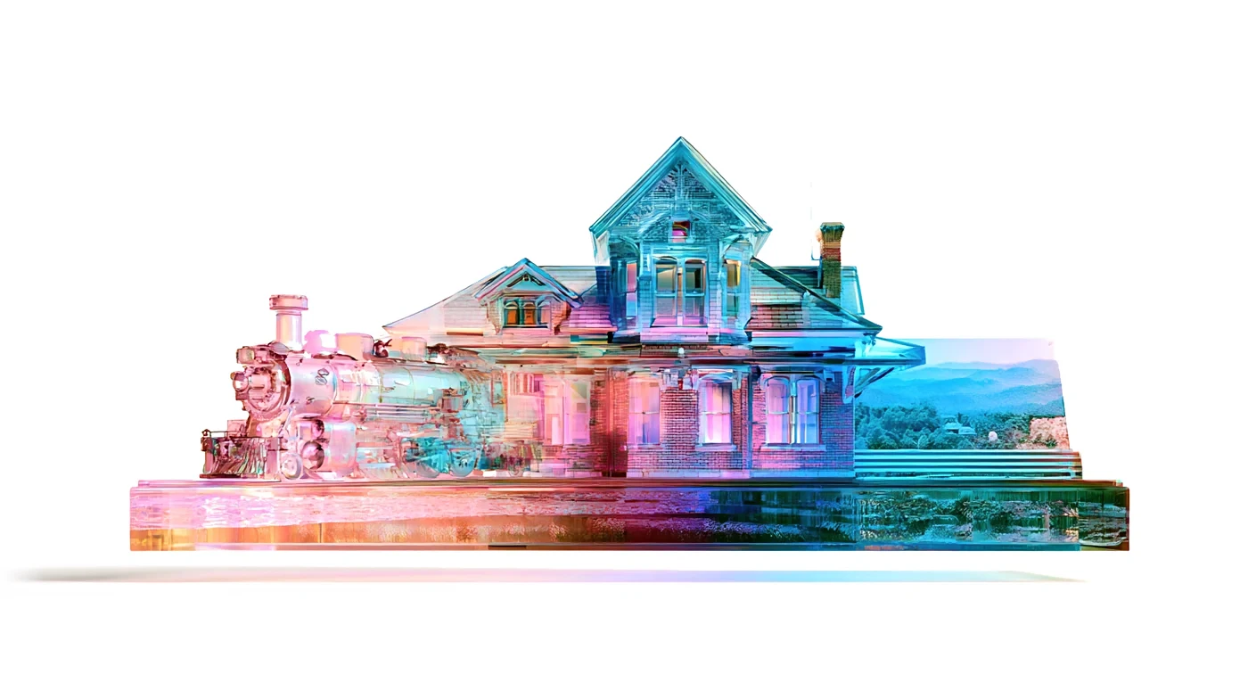 A historic brick railroad depot and steam locomotive, rendered as iridescent glass.