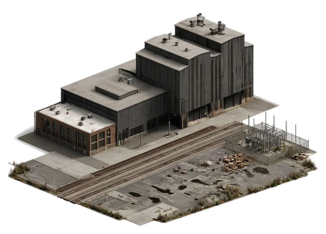 The former foundry today: tall weathered steel bays, a brick office wing, rail spurs, a substation and a cracked, littered lot.